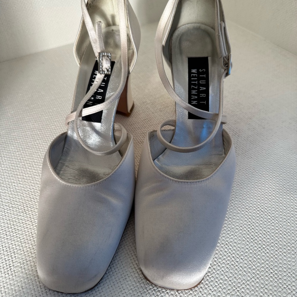 Stuart Weitzman White Satin Shoes with Rhinestone Buckle